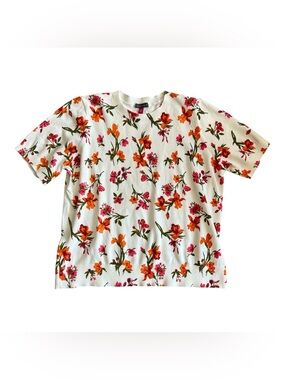 Vince Camuto White Floral Short Sleeve Sweater with Pink and Orange Bloom